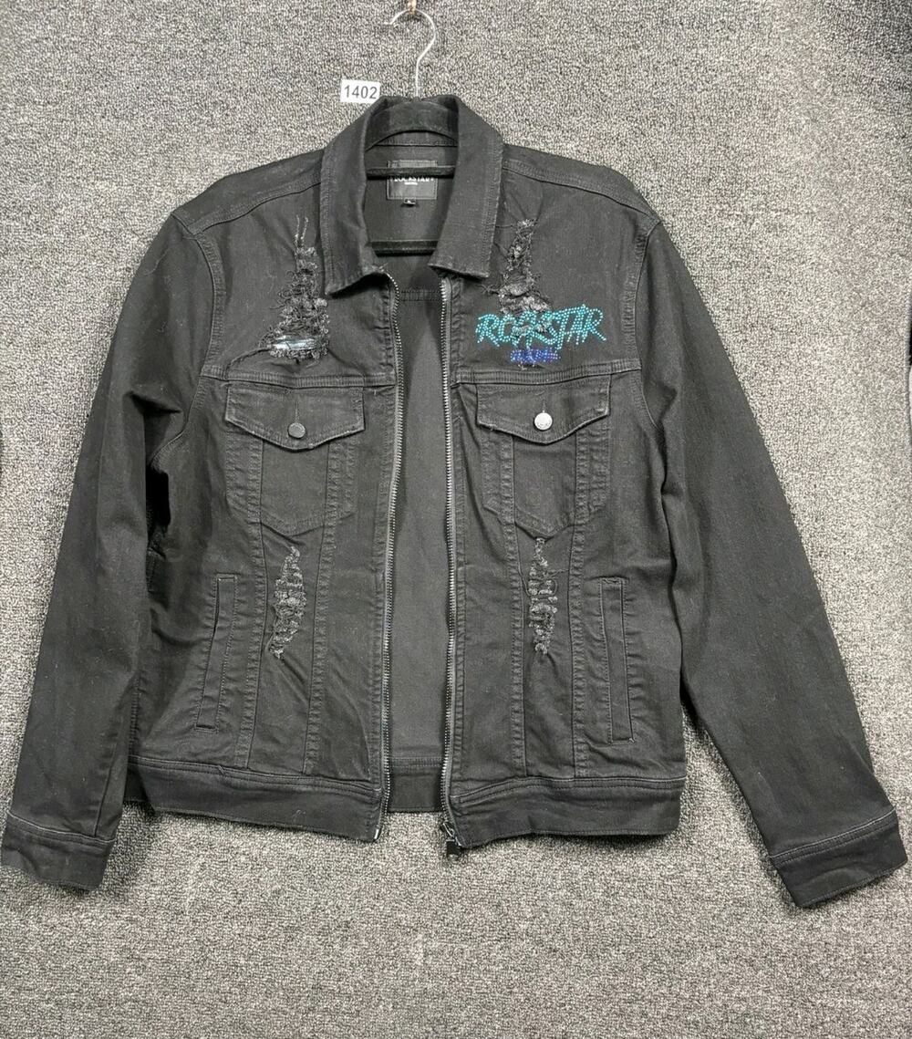 VTG Rockstar Original Jacket Mens L Black Denim Distressed Full Zip Flames Back